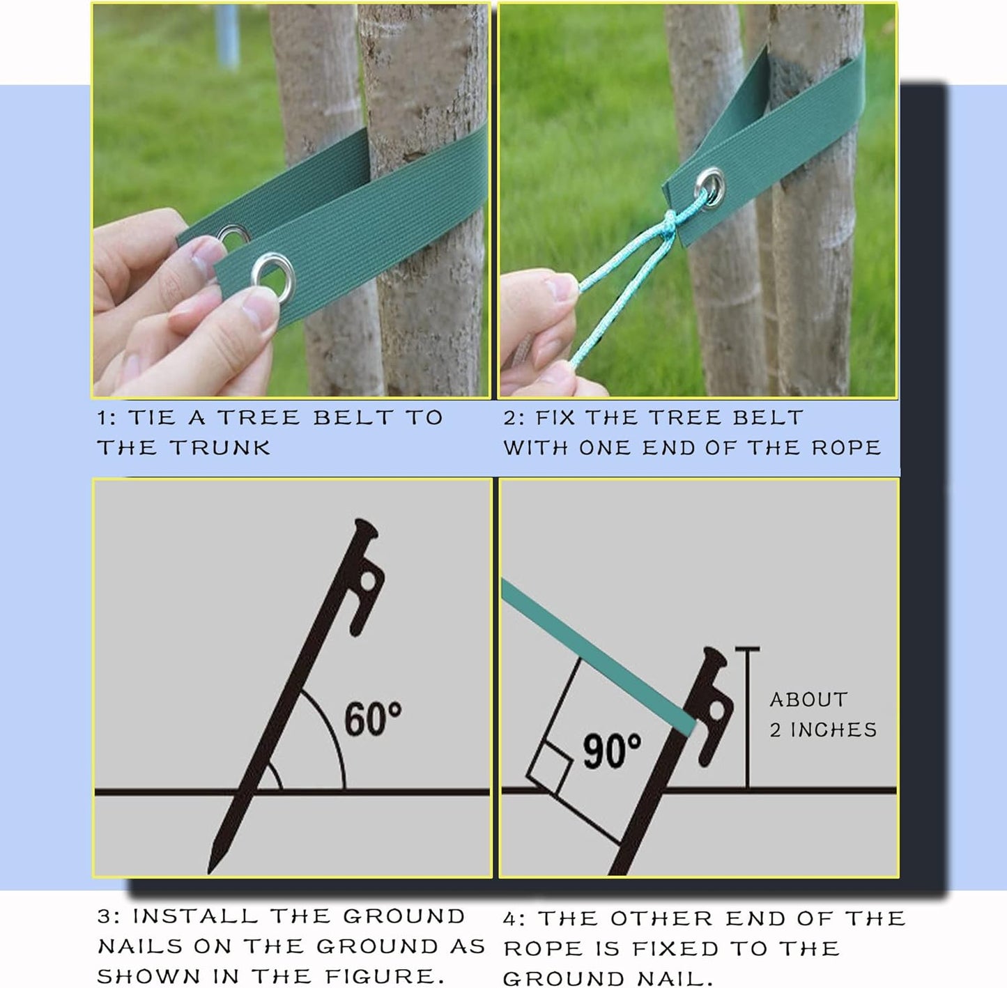 Tree Stakes Kits, Tree Stakes and Supports Kits for Hurricane Protection & Bad Weather, Include 6 PCS 11.8" Heavy Duty Steel Tree Stake, 6 PCS 15.8" Tree Straps and 100 FT Rope