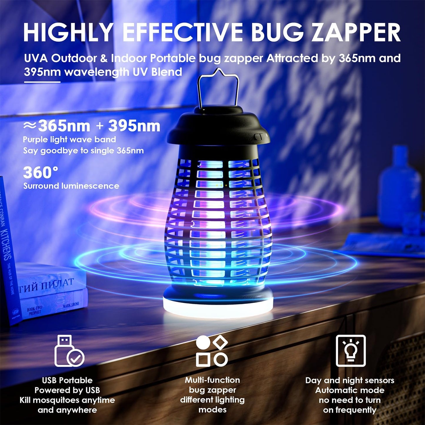 Bug Zapper Outdoor & Indoor, Mosquito Repellent Outdoor Patio, Portable & Rechargeable Fly Trap, IP67 Waterproof, Mosquito Repellent for Patio,Lawn & Garden, Camping, Kitchen, Home