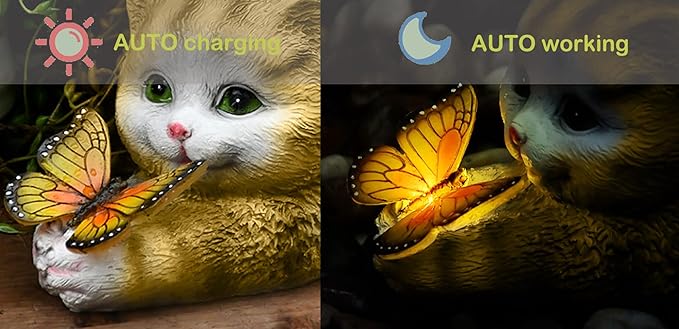 Solar Garden Statue Cat,Garden Figurine Outdoor Decoration with Cat Holding Butterfly for Yard,Patio,Lawn Art