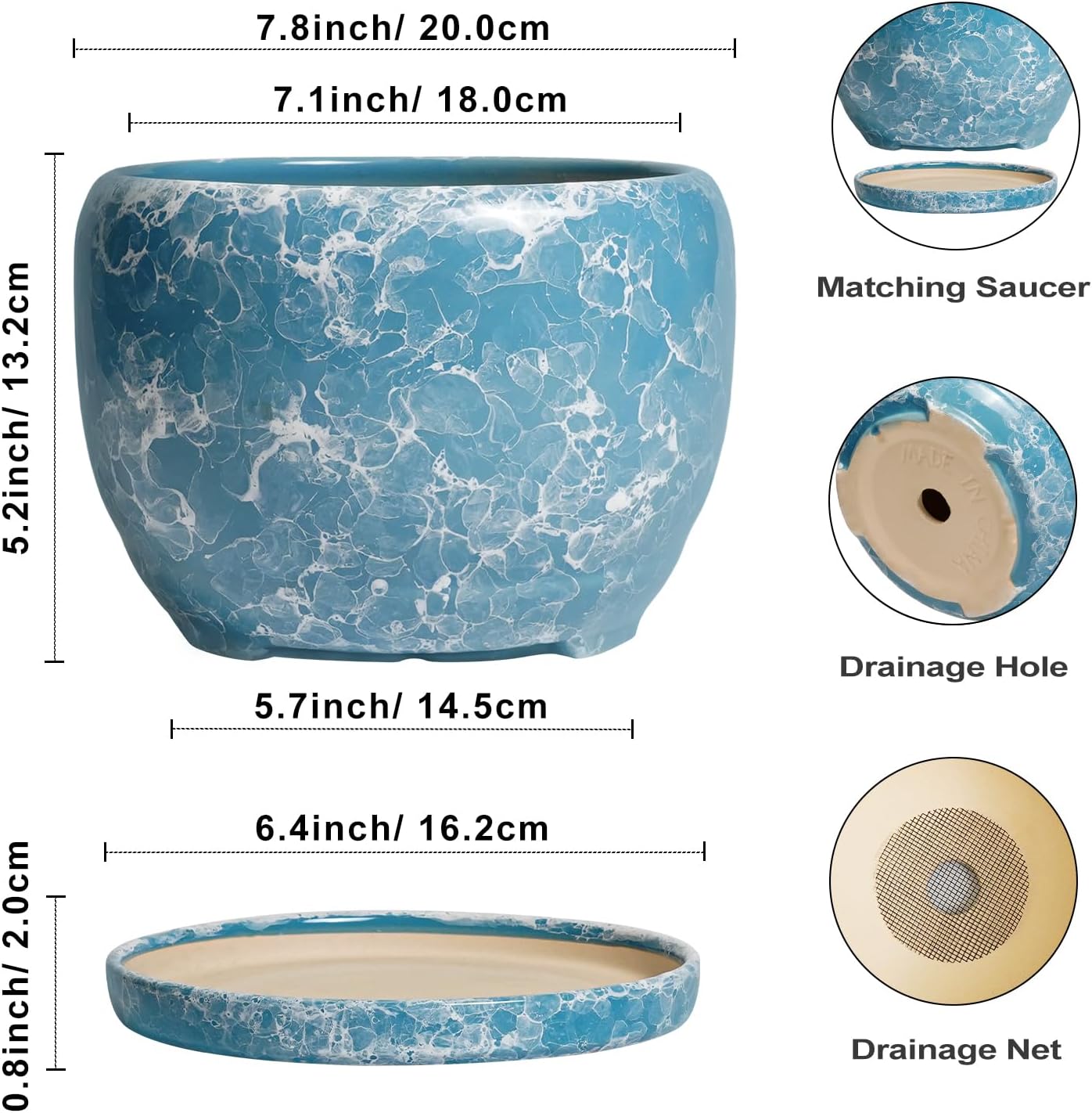 SQOWL Ceramic Pots for Plants - 8 Inch Ceramic Planter for Indoor Outdoor, Decorative Flower Pot with Drainage Hole and Saucer, Round Planter, Home Living Room Bathroom Decor, Plant Lover Gifts, Blue