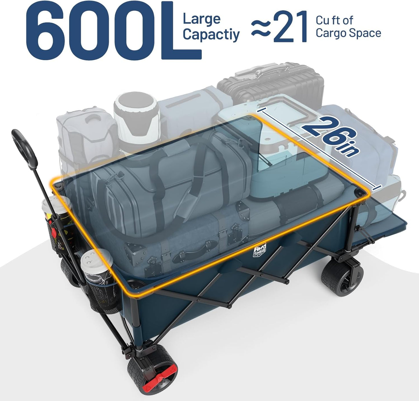 TIMBER RIDGE 600L Beast Wagon 26" W Extra Wide All Terrain Folding w/Big Wheels, Cargo Net & Tailgate, 26" W and 55" L, Capacity and 400lbs Heavy Duty Collapsible Portable Cart, Blue