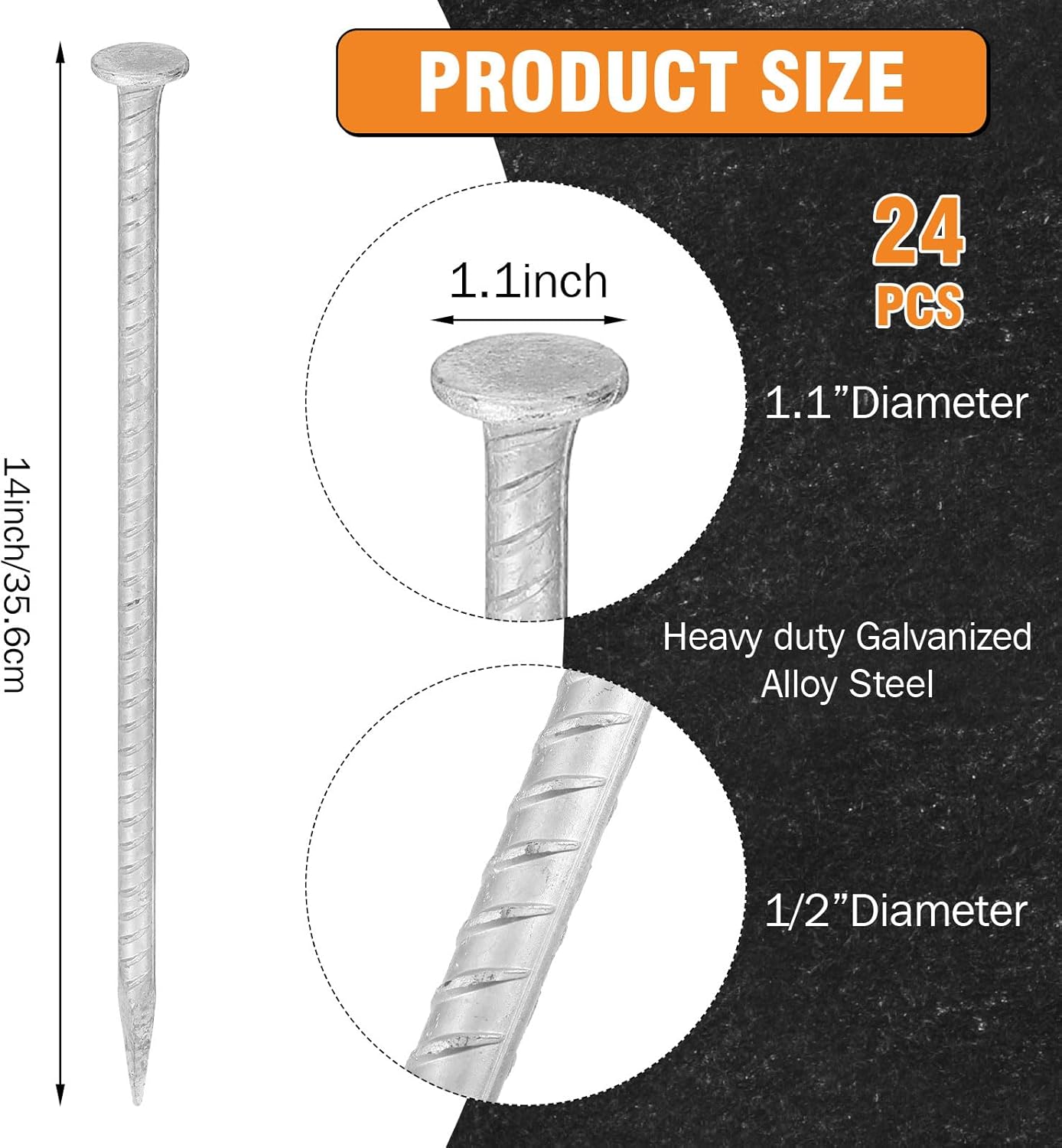 Tandefio 36 Pcs 14 Inch Rebar Stakes, 1/2 Inch Diameter Threaded Galvanized Steel Ground Anchors Plant Support Garden Stakes, Heavy Duty Metal Landscape Spikes for Speed Bump Tent