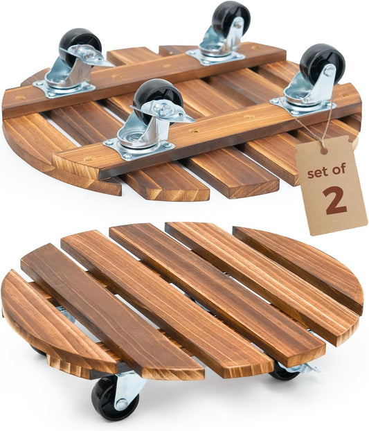 Bamworld 2-Pack 14 Inch Wood Plant Caddy with Wheels – Heavy-Duty Plant Dolly with 240 Lbs Capacity, 360° Lockable Wheels for Large Plant Pots, Heavy Objects, Ideal for Indoor and Outdoor Use