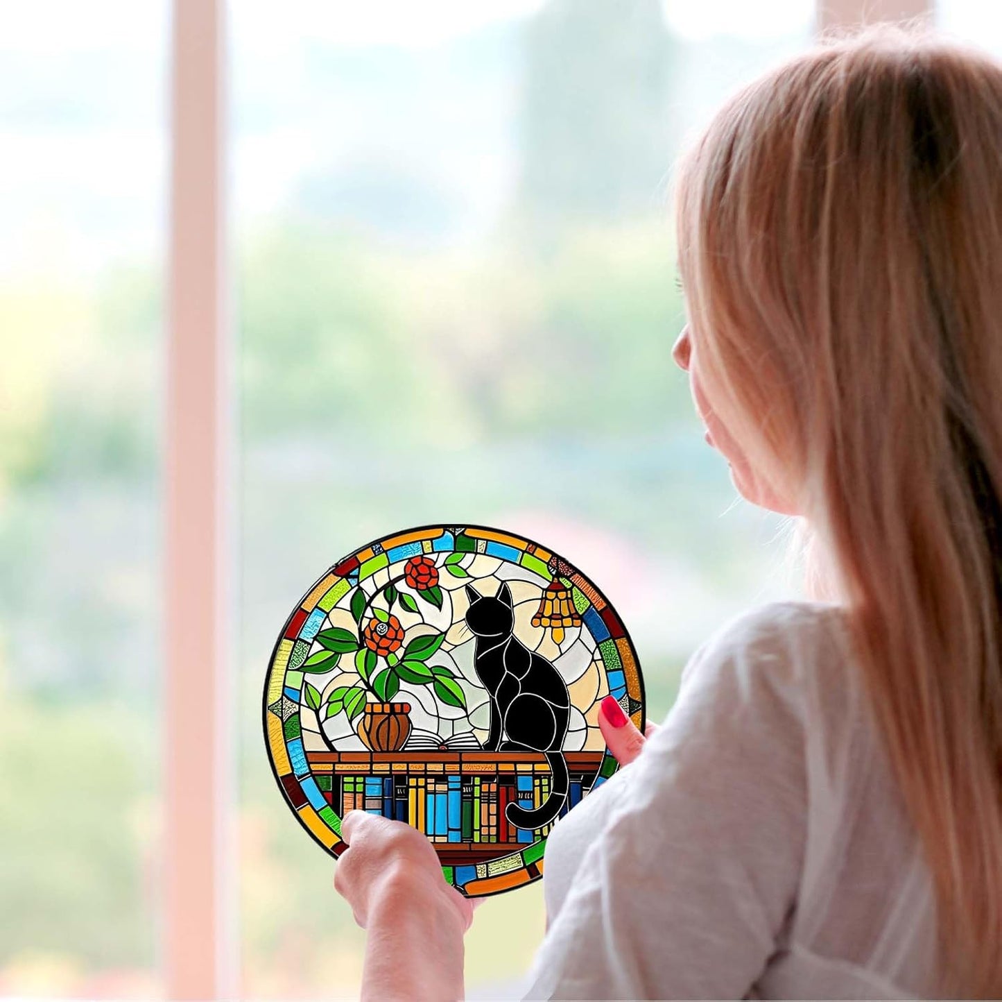 Cat Sun Catcher Stained Glass Window Hanging Book Lover Gifts for Women Book Wall Decor Handmade Sun Catcher Black Cat Sitting On Bookshelf Decoration for Home Room Housewarming Gifts