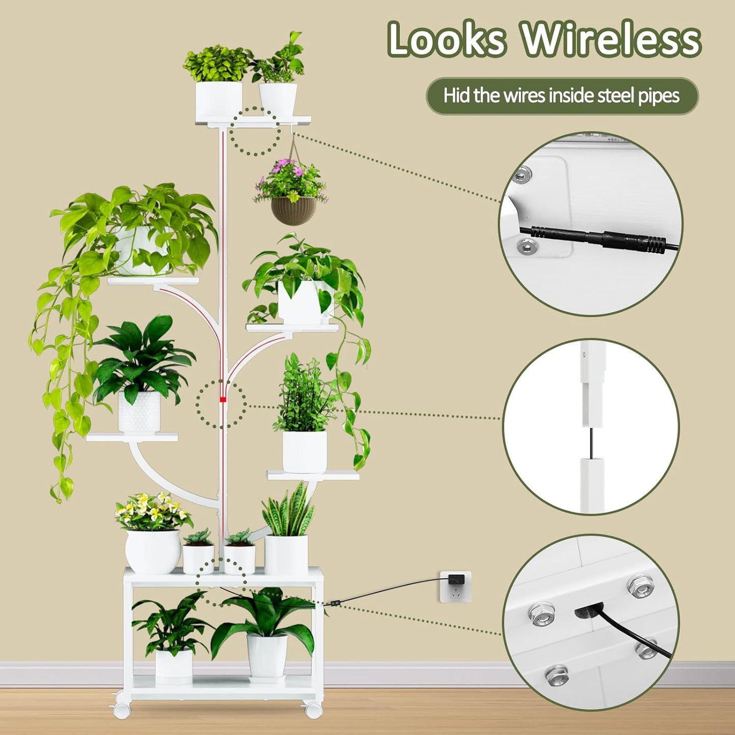 Plant Stand Indoor with Grow Lights, 60" Tall 7-Tier Metal Plant Stand with Wheels & Tree-Shaped Design for Indoor Plants, Flower Holder Display Rack for Home, Patio - White