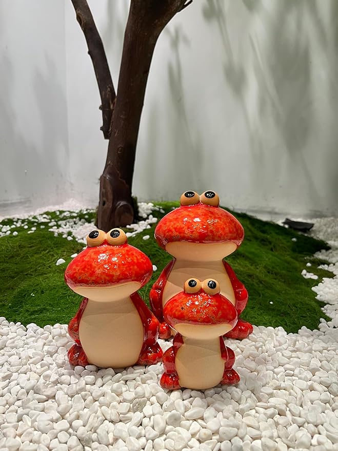 Frog Garden Decoration Set of 3,Funny Cute Ceramic Frog Garden Statues Yard Decoration Outdoor Holiday Decorations,Ideal Ornament for Outside Pond Pool Patio Front Porch Backyard (Red)