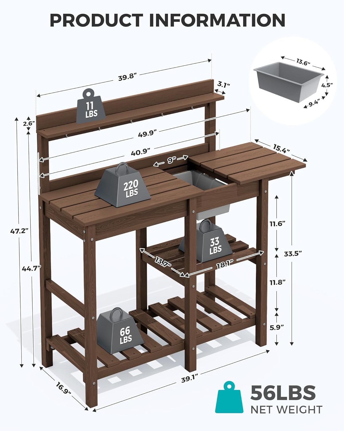 SERWALL Potting Bench Set of 2 Outdoor Potting Table with Sink, HDPE Potting Benches for Outside Gardening Table All Weather Use- Coffee