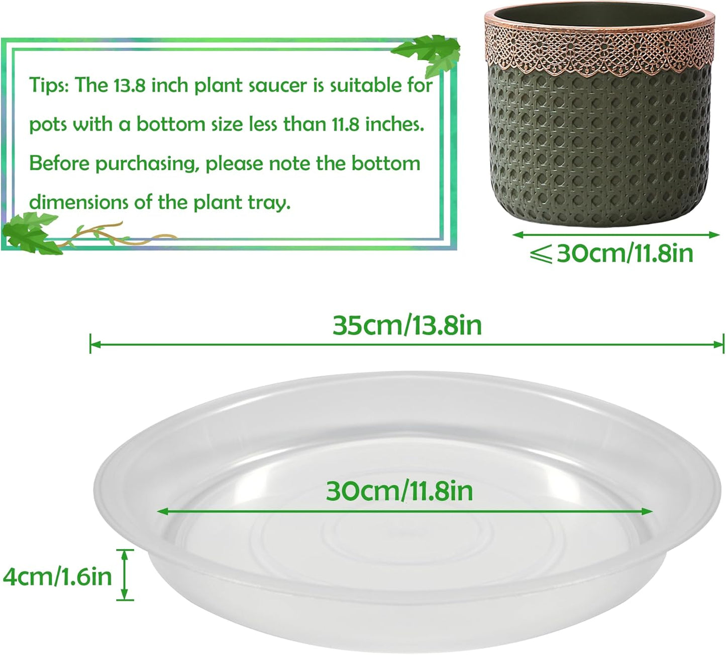 4 Pack 14 Inch Round Plant Saucers for Less 11.8 Inch Pot Indoors Outdoors Plant Trays for Pots Planter Saucer Plastic Plant Drip Tray Planter Water Tray for Potted Plants(Clear, 13.8"(4pcs))