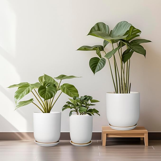 Plant Pot 12 inch - Ceramic Pot for Plants Indoor Outdoor Large Planter Pot with Drainage Hole and Saucer Mid-Century Modern Flower Pot Cylinder White