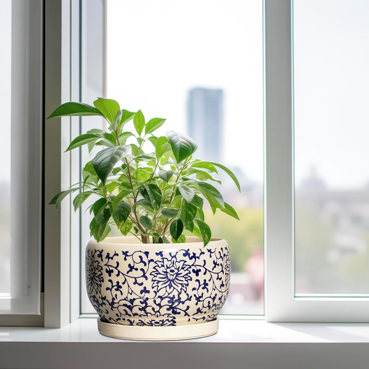 SQOWL 10 Inch Plant Pot Indoor - Ceramic Planter with Drainage Hole and Tray, Large Ceramic Flower Pots Outdoor, Porcelain Decorative Round Planter, Room Decor, Gifts for Plant Lovers, Blue and Beige