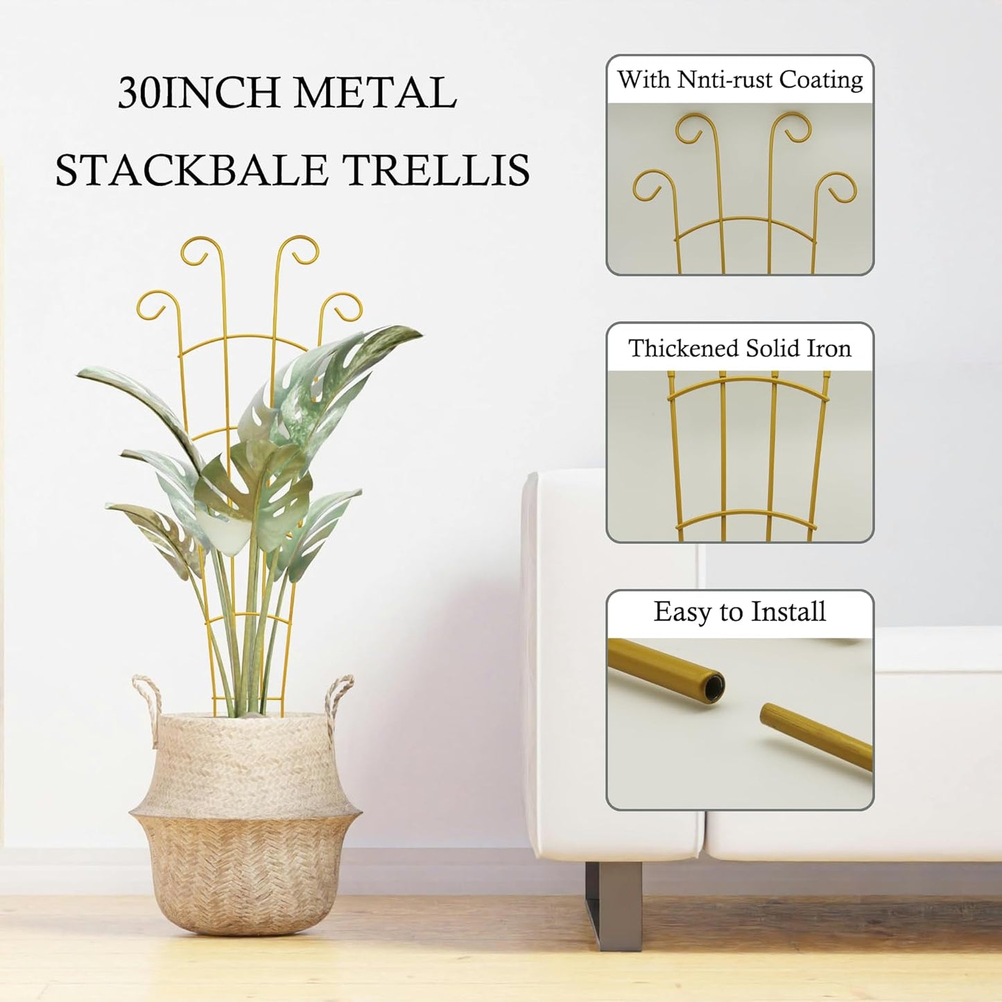 30 Inch Plant Trellis Indoor for Potted Plants 3 Pack Indoor Plant Trellis for Climbing Plants Stackable Houseplant Metal Garden Pot for Vine Ivy Support(30inch Gold)