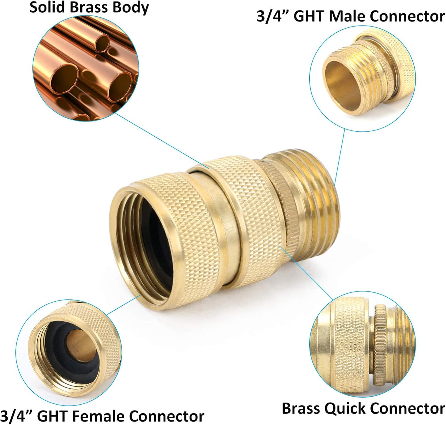 STYDDI Brass Full Flow Garden Hose Quick Release Connect Adaptor Fitting, Full Port Solid Brass Outdoor Water Hose Quick Disconnect Connector Coupler with Male and Female, with 4 Hose Washers - 3 Sets