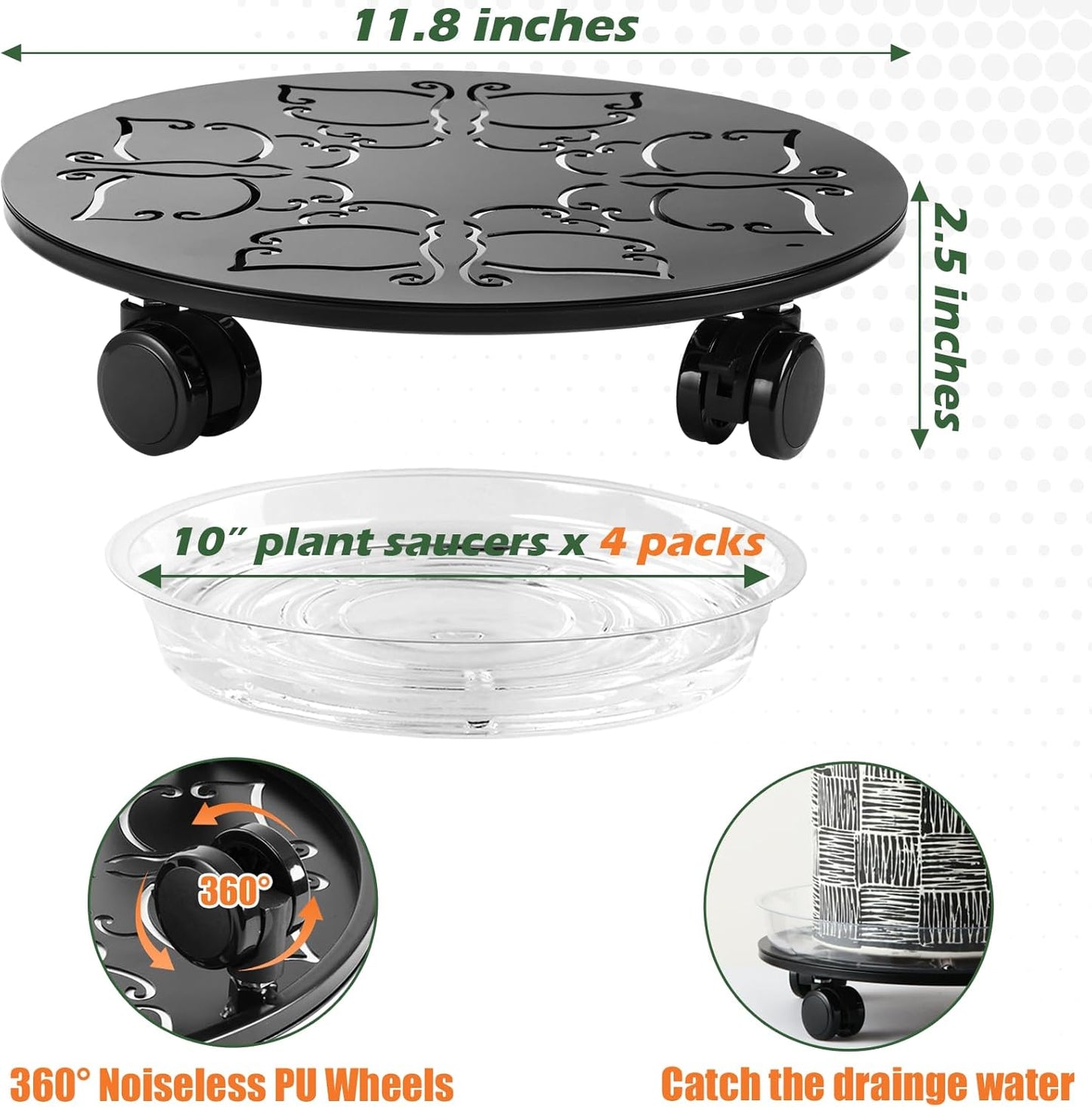 4 Packs 12 inches Large Metal Plant Caddy with Wheels Round Planter Dolly Pot Mover Rollers Wrought Iron Rolling Plant Stands Indoor Outdoor Wheeled Plant Holder Coaster Trolley, Butterfly, Black