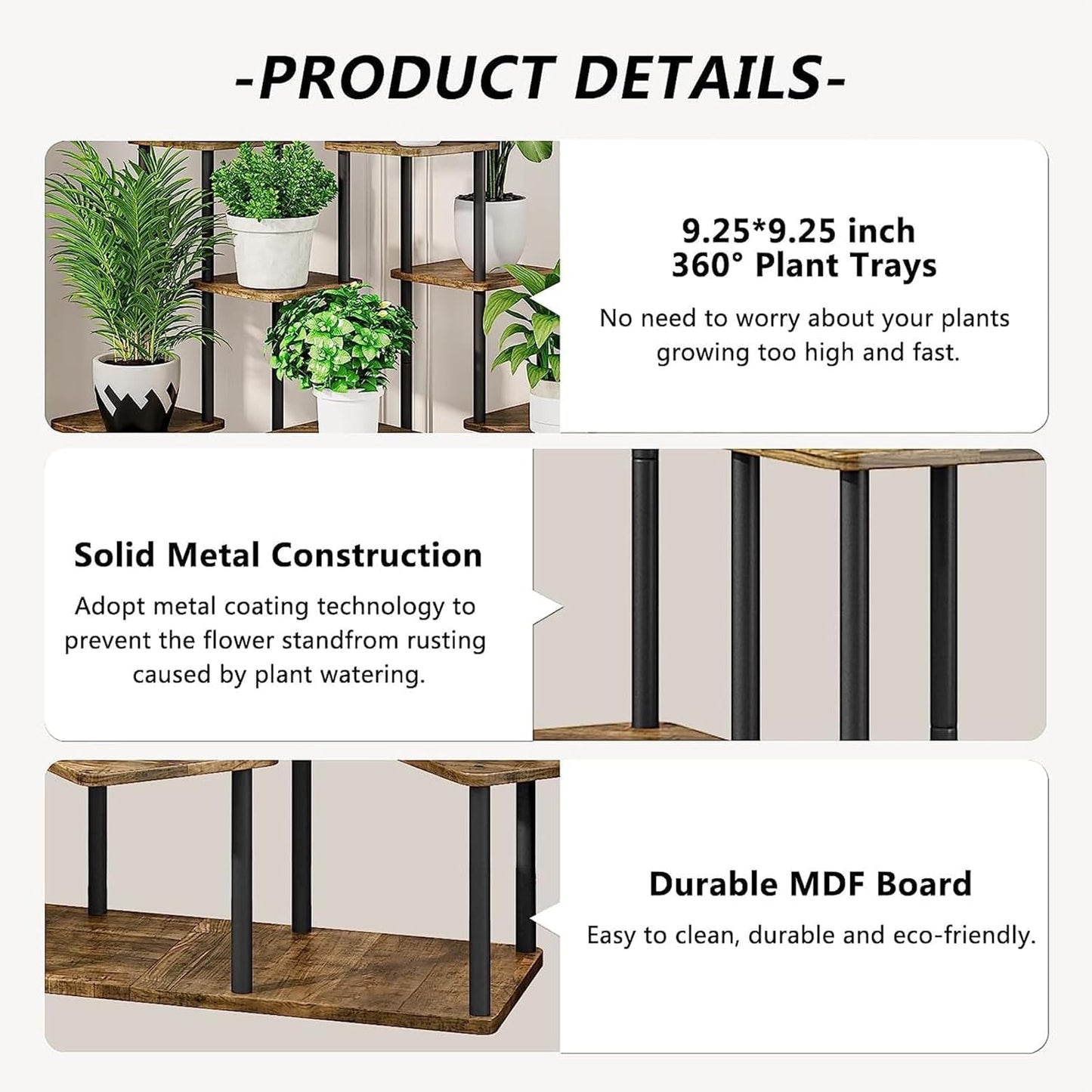 9 Tier Wood Tall Plant Stand Metal Rack Indoor, Multiple Flower Pot Holder Shelves Corner Rack, Planter Shelf Display Rack Storage Organizer for Patio Living Room Balcony Garden(Black)