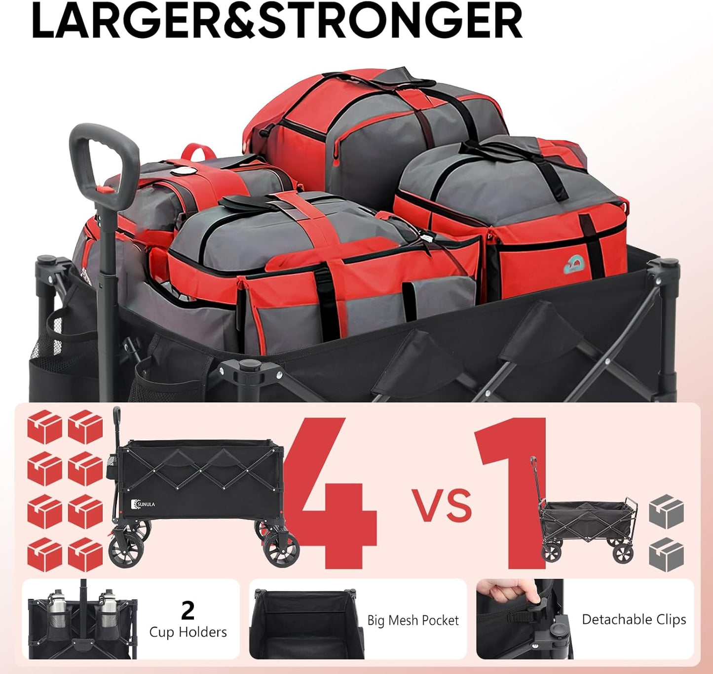 Collapsible Wagon Cart with 440lbs Weight Capacity, Heavy Duty Foldable Wagon with Big All-Terrain Wheels & Drink Holders, Utility Carts for Camping, Garden, Outdoor, Grocery, Sports. Black