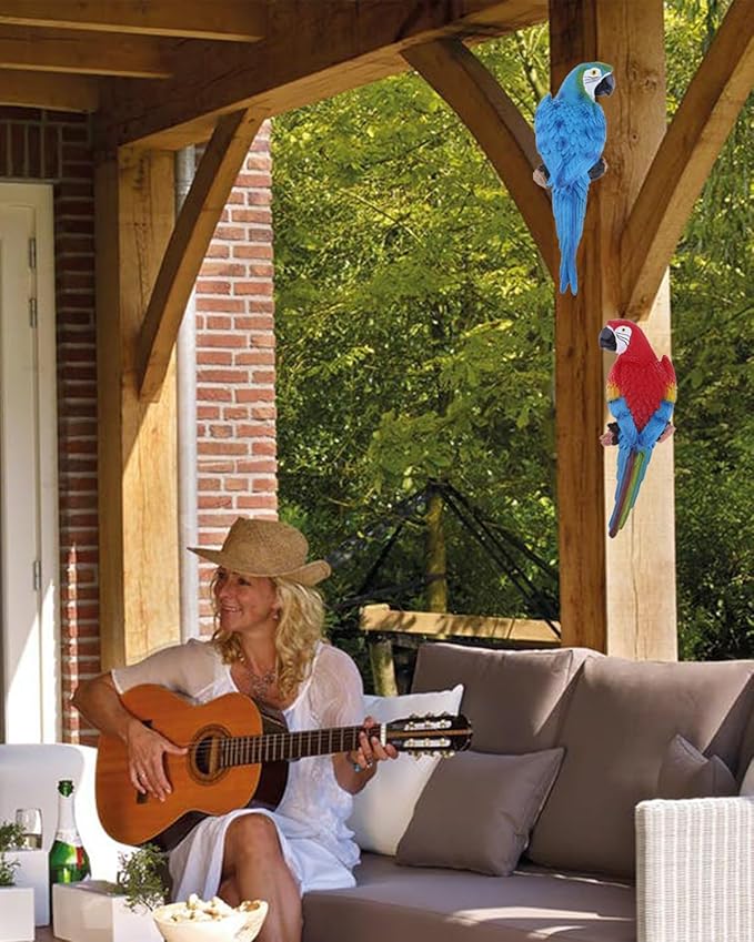 Parrot Decor Tiki Decorations for Outside Patio, Large Realistic Parrot Statues for Pool Deck Garden Yard Lawn, Lifelike Bird Sculpture Tropical Animal Figurines for Tree Wall Decor(Red)