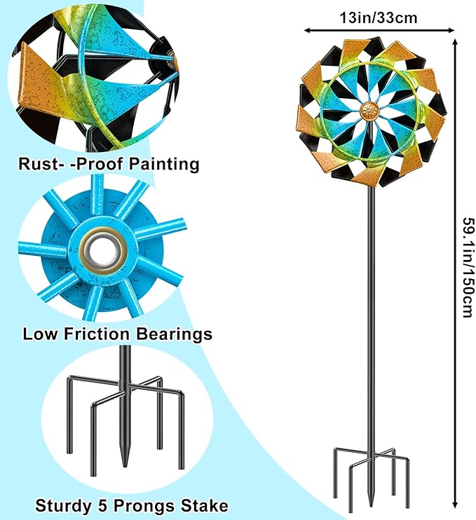 Outdoor 59 Inch Kinetic Wind Spinner, Double Blade Wind Sculpture with 5 Prong Base, Geometric Metal Windmill for Garden, Lawn & Patio Decoration (Colorful)
