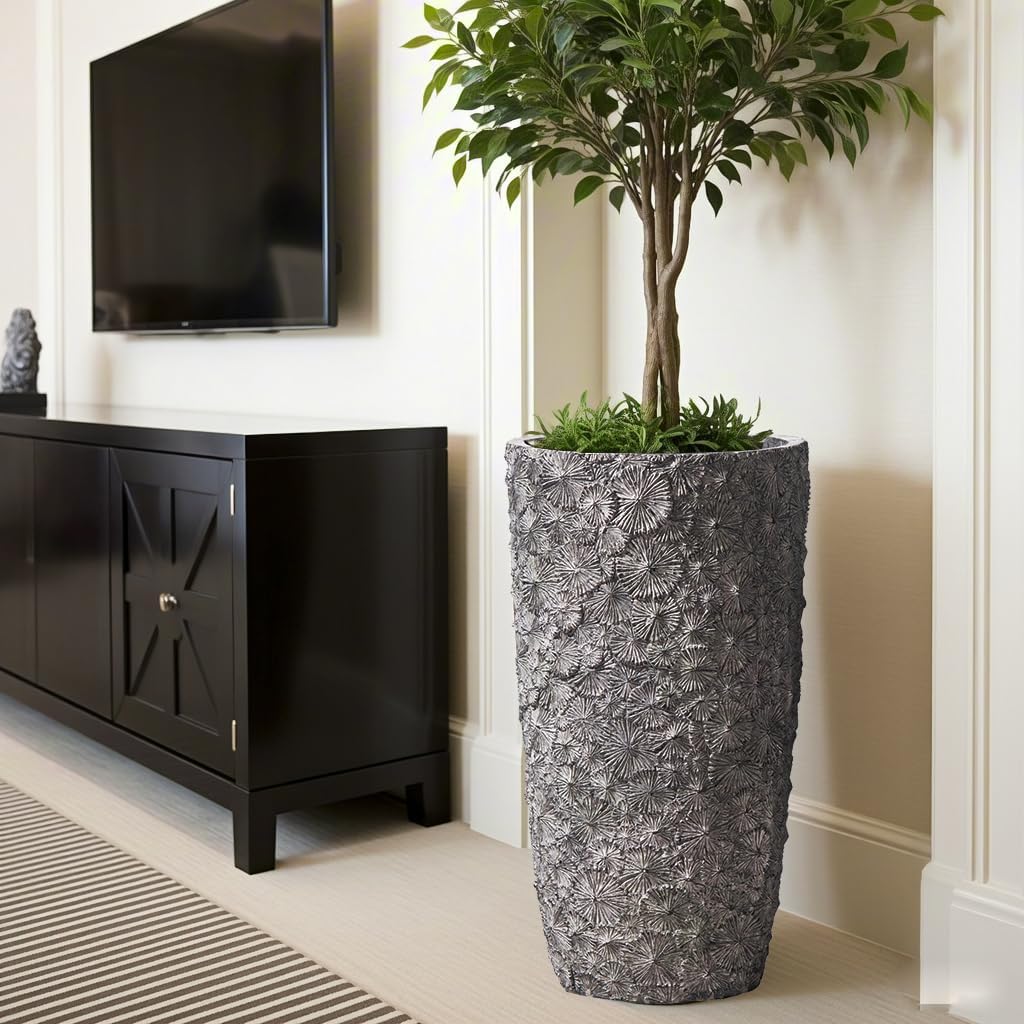 Yundu 16 & 20 inch high Concrete Plant pots Set of 2. Flower pots with Drainage Hole. Tall planters for Indoor Plants, Large planters for Outdoor Plants, Such as Garden, Patio and Front Porch Decor.