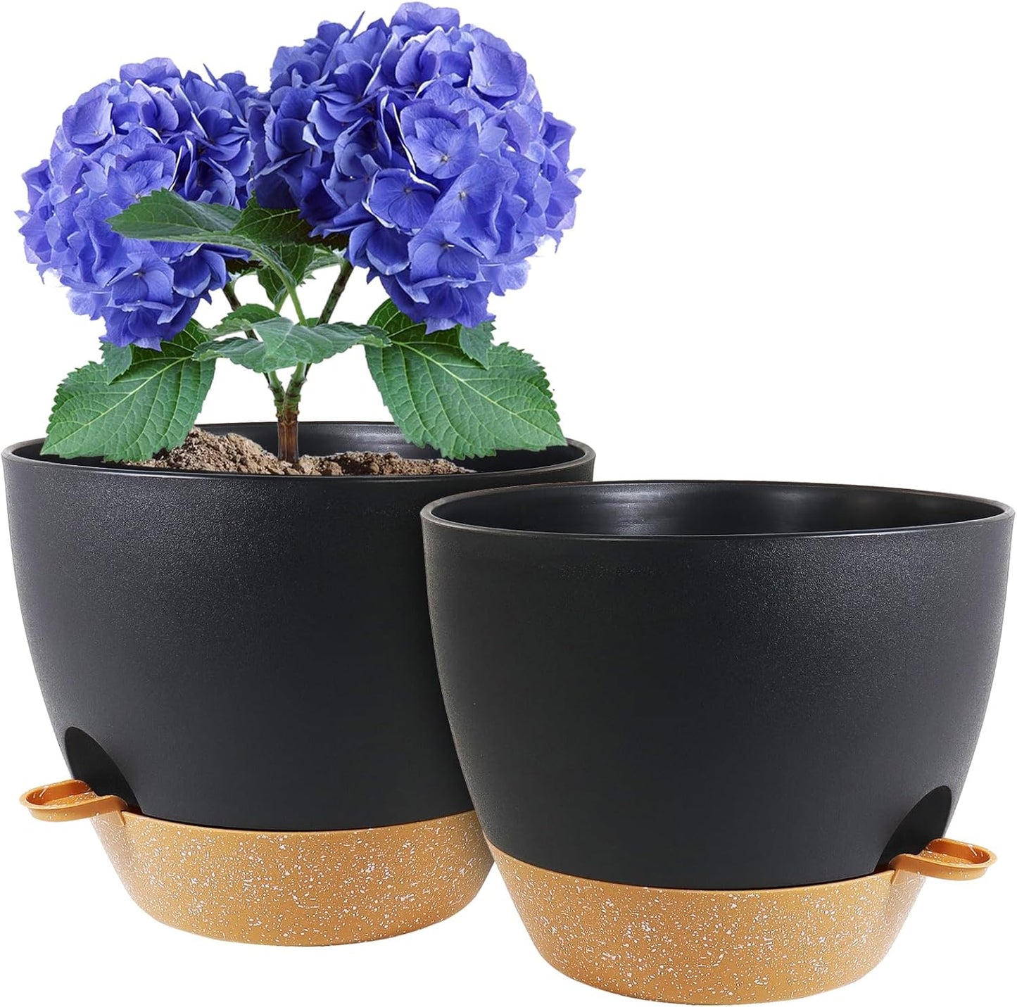 8 inch Self Watering Pots, 2 Pack Plastic Planters with Mesh Drainage Holes for Garden Plants and Flower, Plants Pots with Deep Reservoir for Indoor Outdoor Plants, Black with Brown