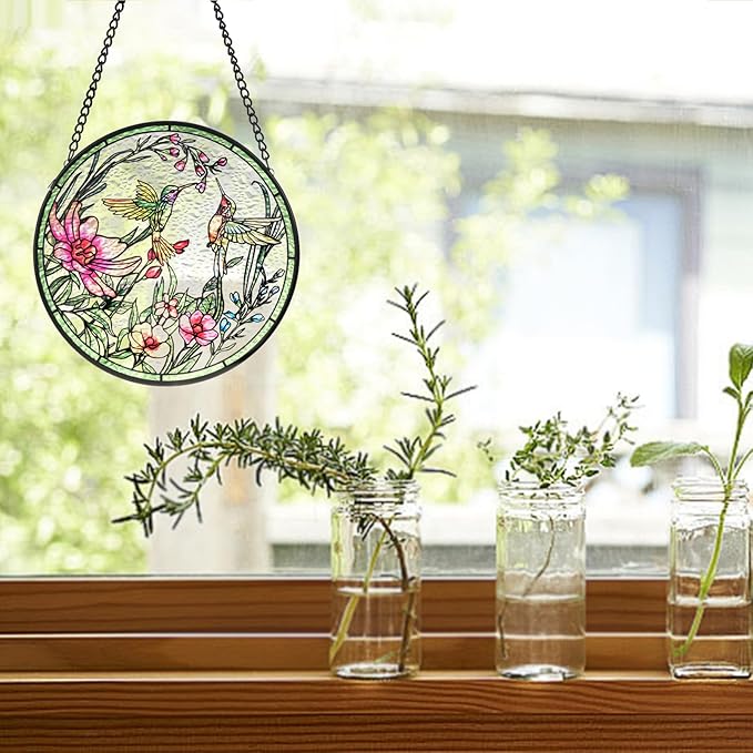Remiawy Stained Glass Window Hanging Hummingbird Window Suncatcher 6 Inch Glass Panel with Metal Chain and Hooks Sun Catchers Indoor Wall Art Home Decor Gift for Bird Lovers Women Mother's Day