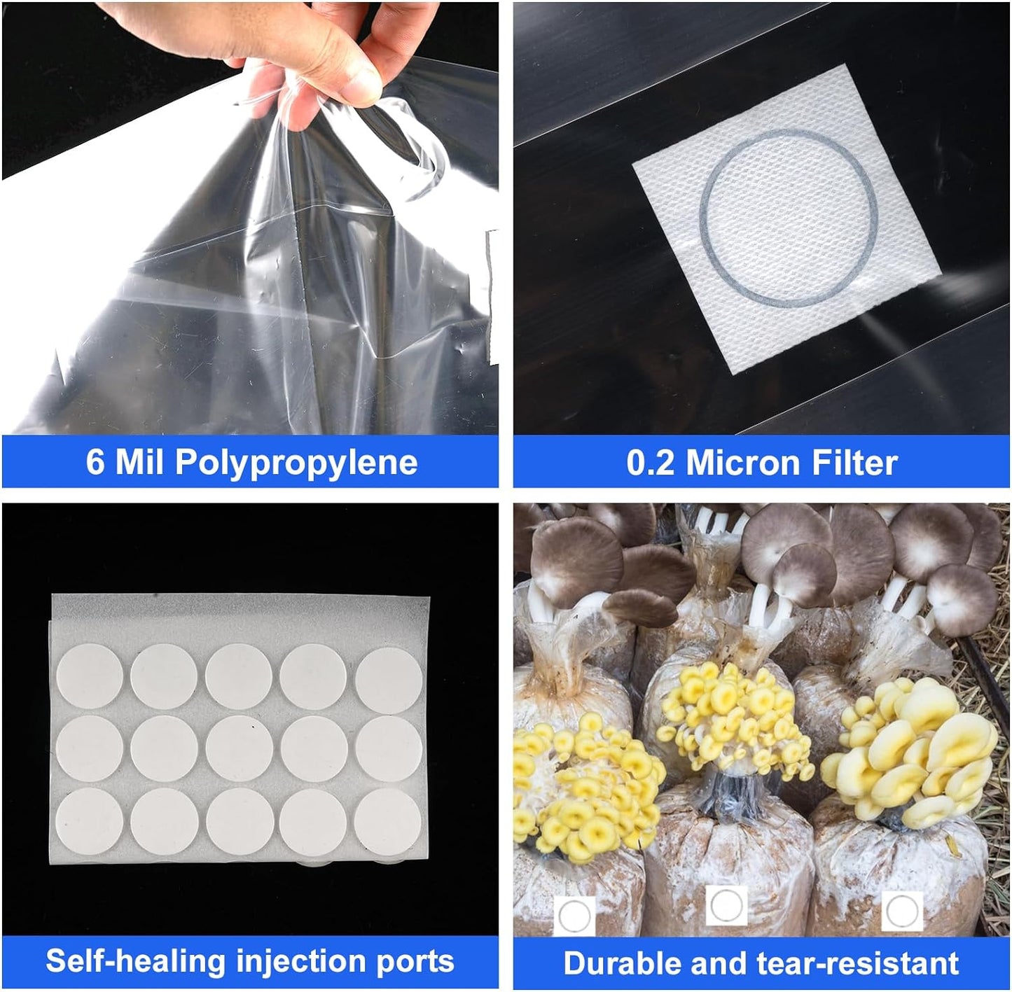 Mushroom Grow Bags with Breathable Micron Filter Patch 60 Pcs 8 X 5 X 20 with Self Healing Injection Port, 6 Mil Thick Spawn Bags, Mushroom Substrate Bags