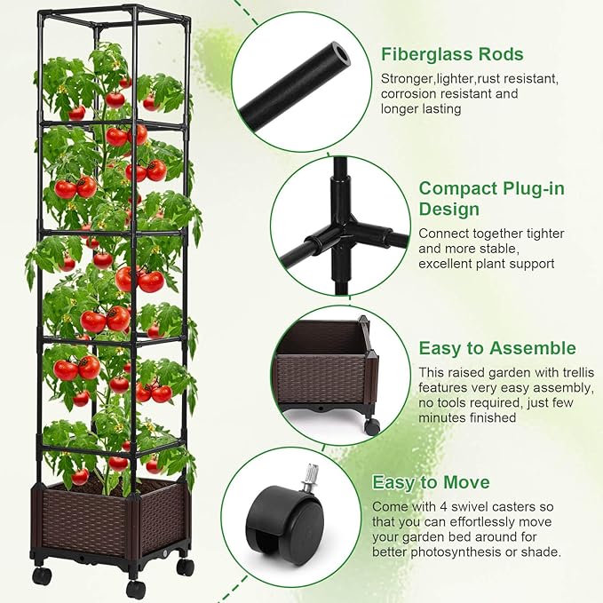 Lezmarket Self Watering Tomato Planter with Trellis for Patio, 55.9" Raised Garden Bed Planter Pot with Trellis, Plant Supports and Garden Shovel for Tomatoes, Climbing Plants