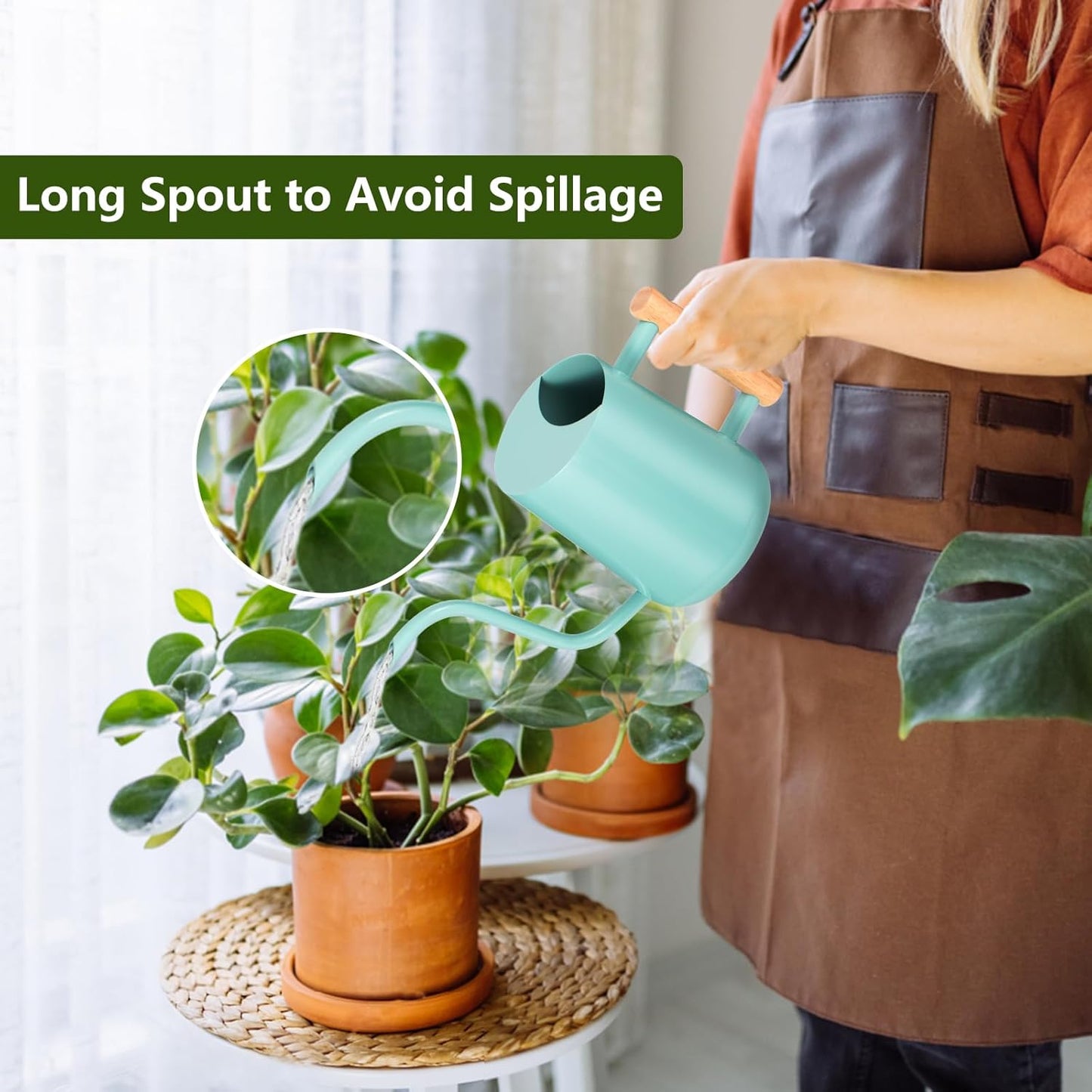 Watering Can Indoor Plants, 35oz Small Indoor Stainless Steel Metal Watering Can Modern Decorative Watering Pot with Long Spout for Indoor House Plant Bonsai Outdoor Garden Flowers -Green