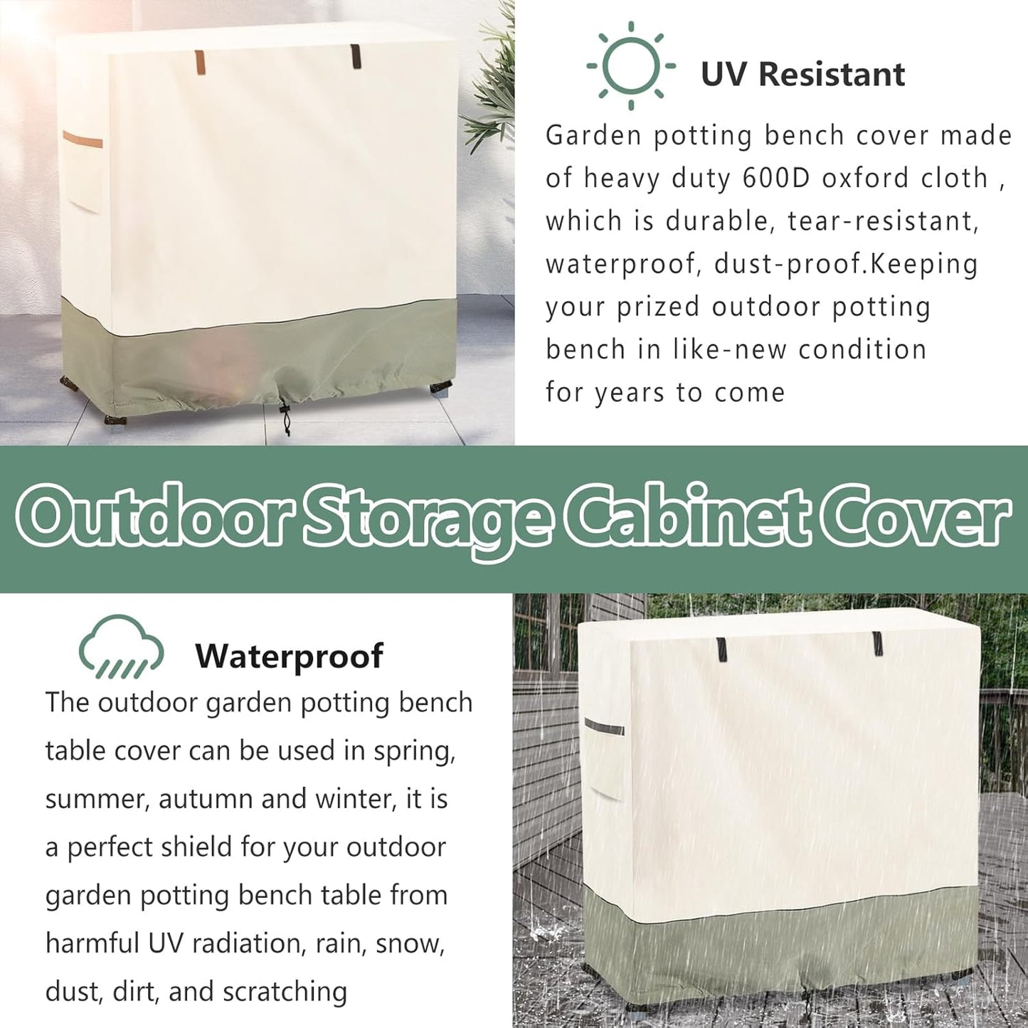Outdoor Garden Potting Bench Table Cover with Split Zipper,Outdoor Storage Cabinet Cover,Heavy 600D Duty Waterproof Anti-UV All Weather Protection,39" x 19" x 36" -Beige