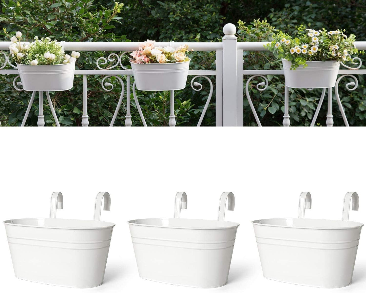 Dahey 3 Pcs Metal Iron Hanging Flower Pots for Railing Fence Hanging Bucket Pots Countryside Style Window Flower Plant Holder with Detachable Hooks Home Decor,White