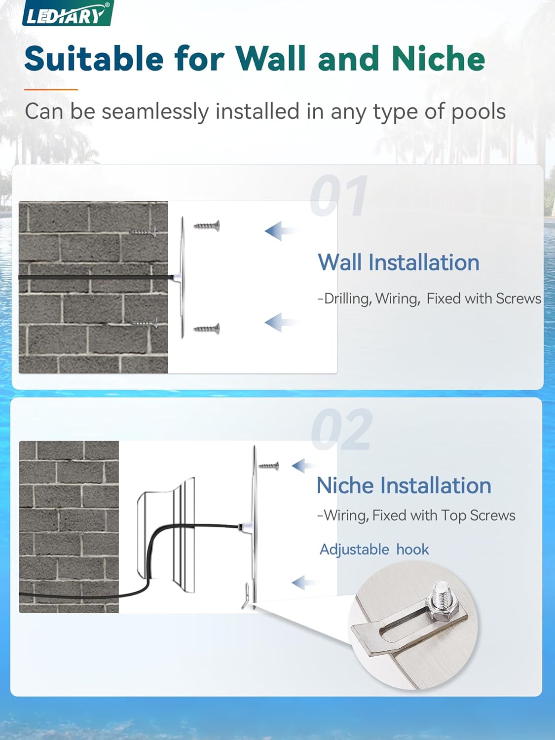 LEDIARY 6 Inch LED RGB Pool Lights for Inground Pool, AC120V 15W Underwater Swimming Pool/Spa Lights with APP/Remote Control, 50 ft Cord, Waterproof for 6" Wet Niche(Transformer& Controller Included)