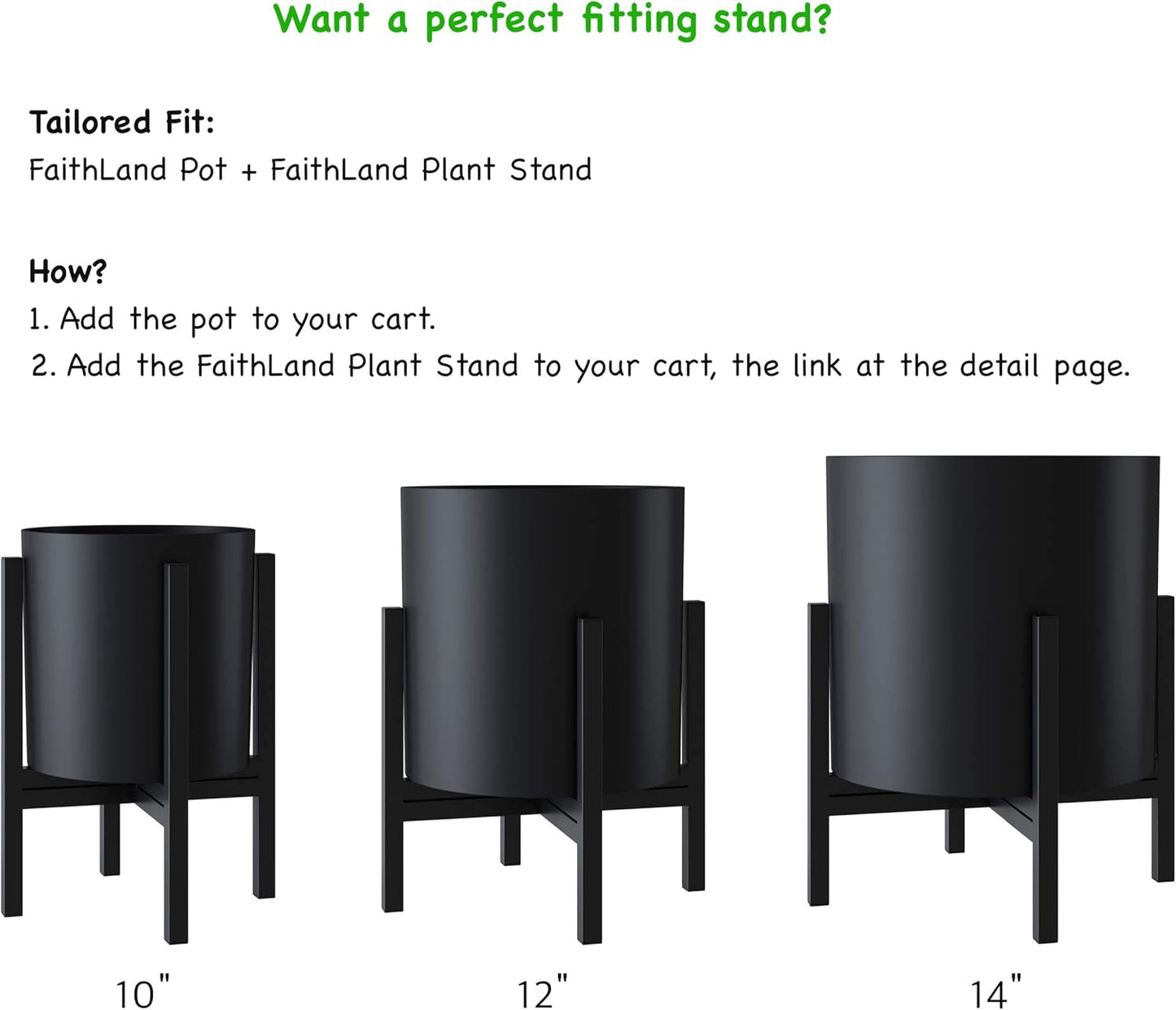 FaithLand Plant Pot 10 inch - Perfectly Fits Mid-Century Modern Plant Stand - Drainage Plug and Drainage Mesh Screen - Matte Black Planter