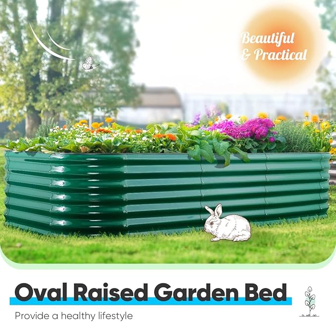 Quictent Galvanized Raised Garden Bed Kit, 8x4x2 ft Oval Metal Planter Box Tall for Vegetables Outdoor Backyard, Rubber Strip Edging Included (Dark Green)