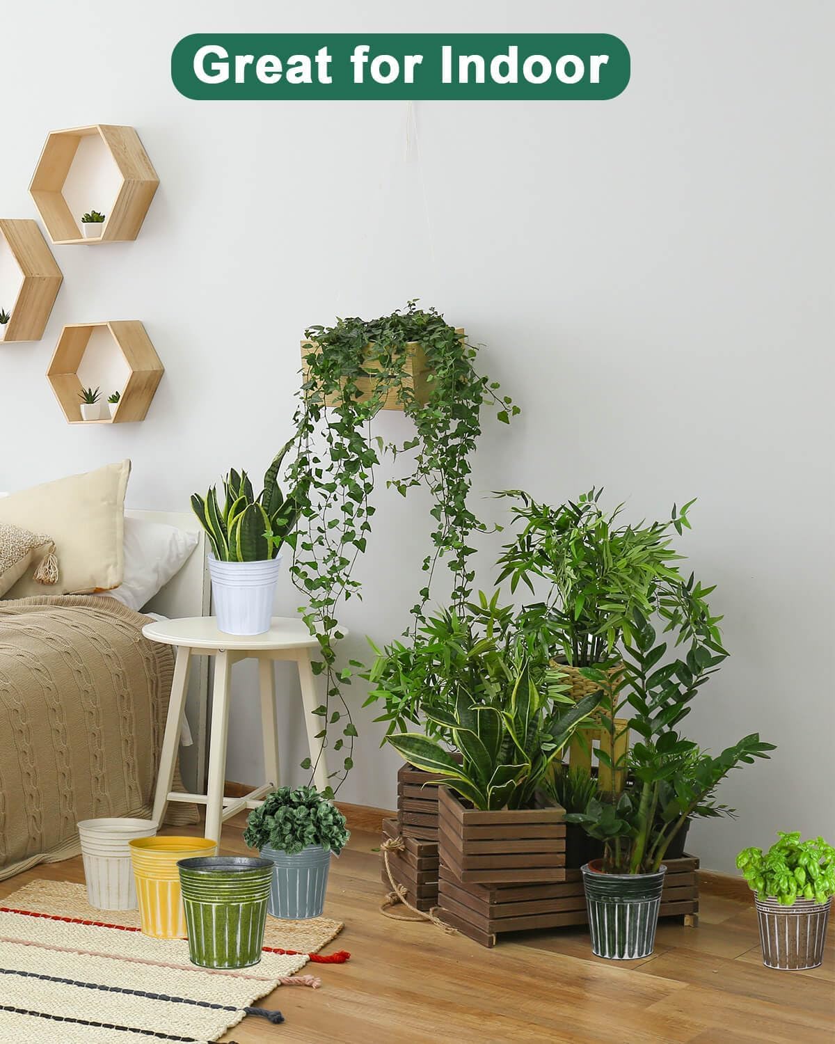 vensovo 6 Inch Kelly Green Metal Rustic Flower Pots - 6Pcs Medium Galvanized Planters with Drainage Hole and Rubber Plug, Rustproof Metal Bucket Plant Pots Farmhouse Vintage Style for Decor