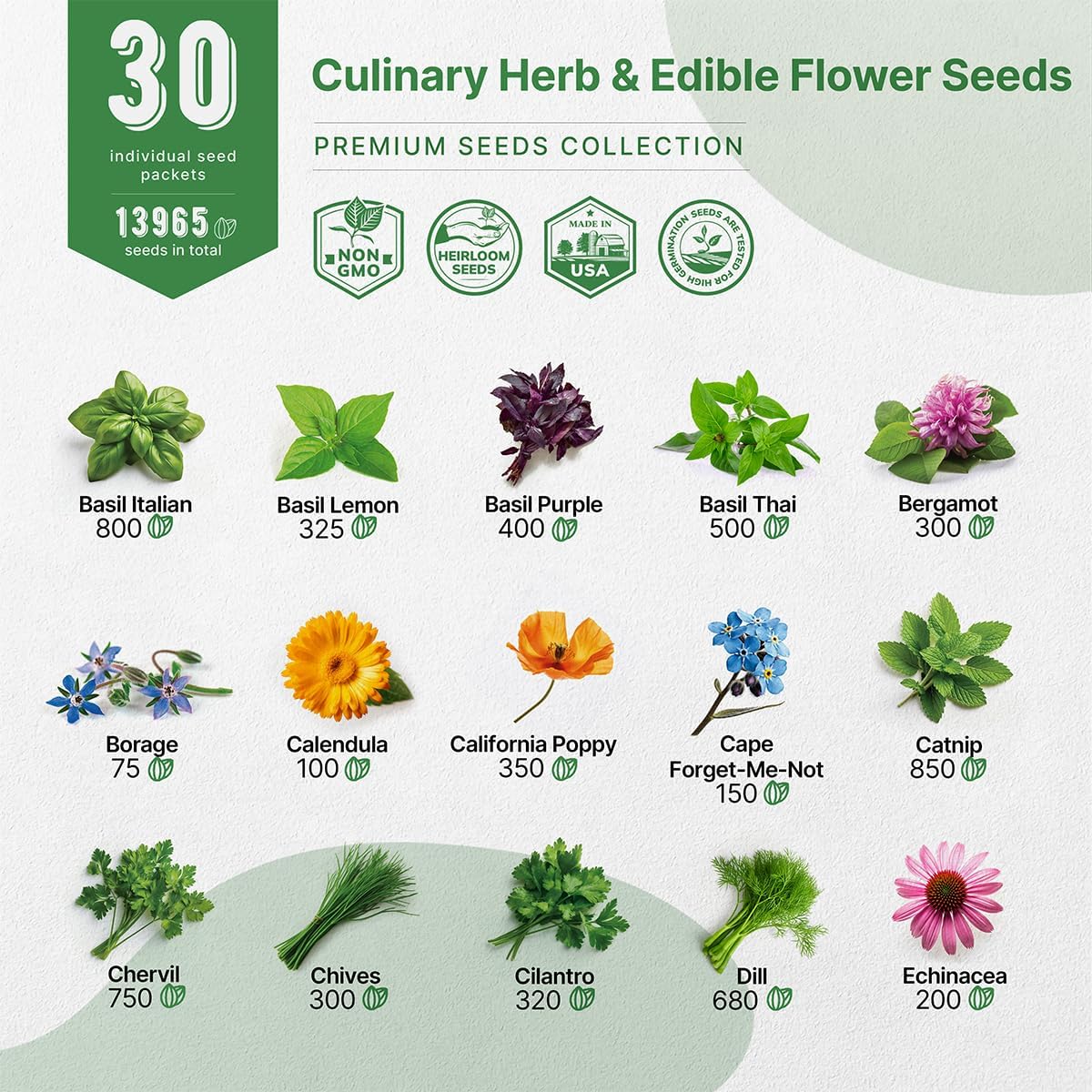 Organo Republic 30 Culinary Herbs & Edible Flower Seed Variety Pack- Indoor/Outdoor. 14000+ Non-GMO Heirloom Flower Seeds: Basil, Borage, Echinacea, Lavender, Oregano, Rosemary Seeds & More