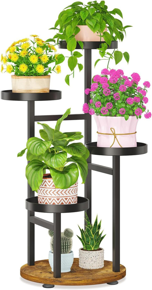 LASZOLA Black 4 Tier Tall Metal Plant Stand Indoor for Large Planter, Heavy Duty Wrought Iron Vertical Big Flower Rack, Sturdy Spiral Multiple High Organizer for Modern Patio House Bathroom Corner