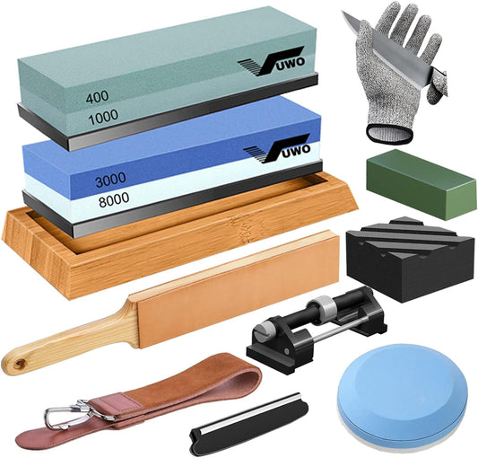 Knife Sharpening Stone Kit - Whetstone Dual Grit 400/1000 3000/8000 Premium Sharpener Set with Leather Strop, Flattening Stone, Honing Guide, Bamboo Base, Angle Guide, Cut Resistant Gloves