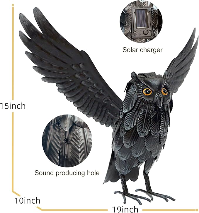 Natelf Solar Owl Decoy Sculptures & Statues Halloween Decoration, Standing Metal Bird Deterrent to Scare Birds Squirrels Away for Outdoor Garden Yard Patio, Black