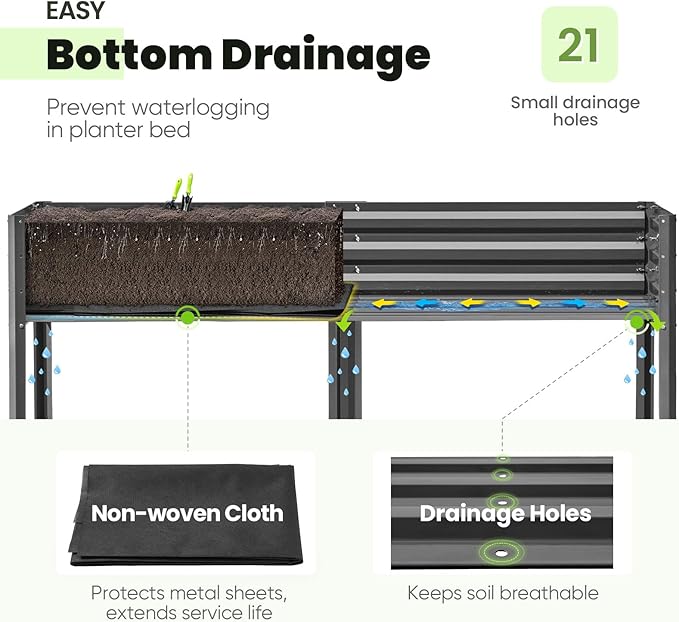 KING BIRD Raised Garden Bed with Legs Galvanized Large Elevated Planter Box for Backyard, Patio, Balcony, 600lb Capacity, Dark Grey 70.9x22.8x31.5 in