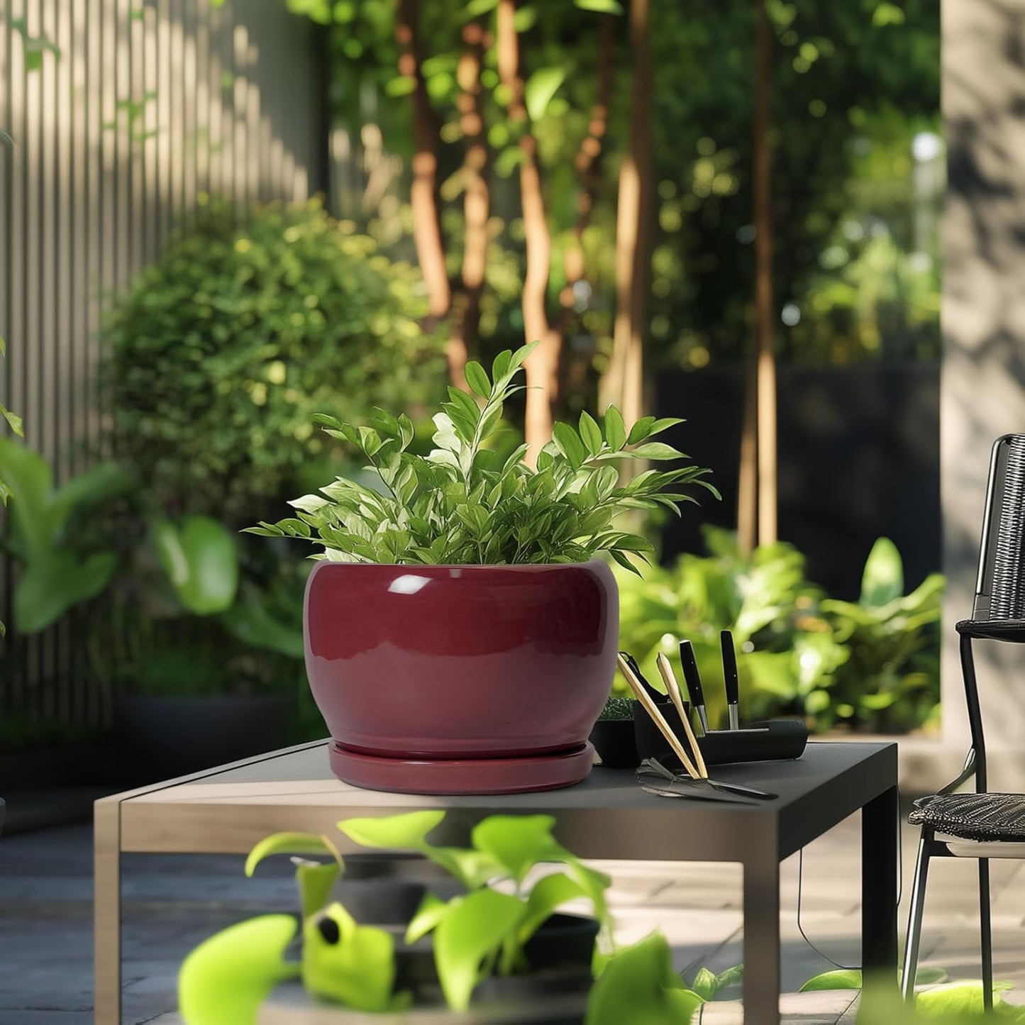 SQOWL Ceramic Pot for Plants - 10 Inch Indoor Planter with Drainage Hole and Saucer, Round Modern Planter Outdoor, Decorative Large Plant Pot for Flower, Living Room Decor, Garden Gifts, Red