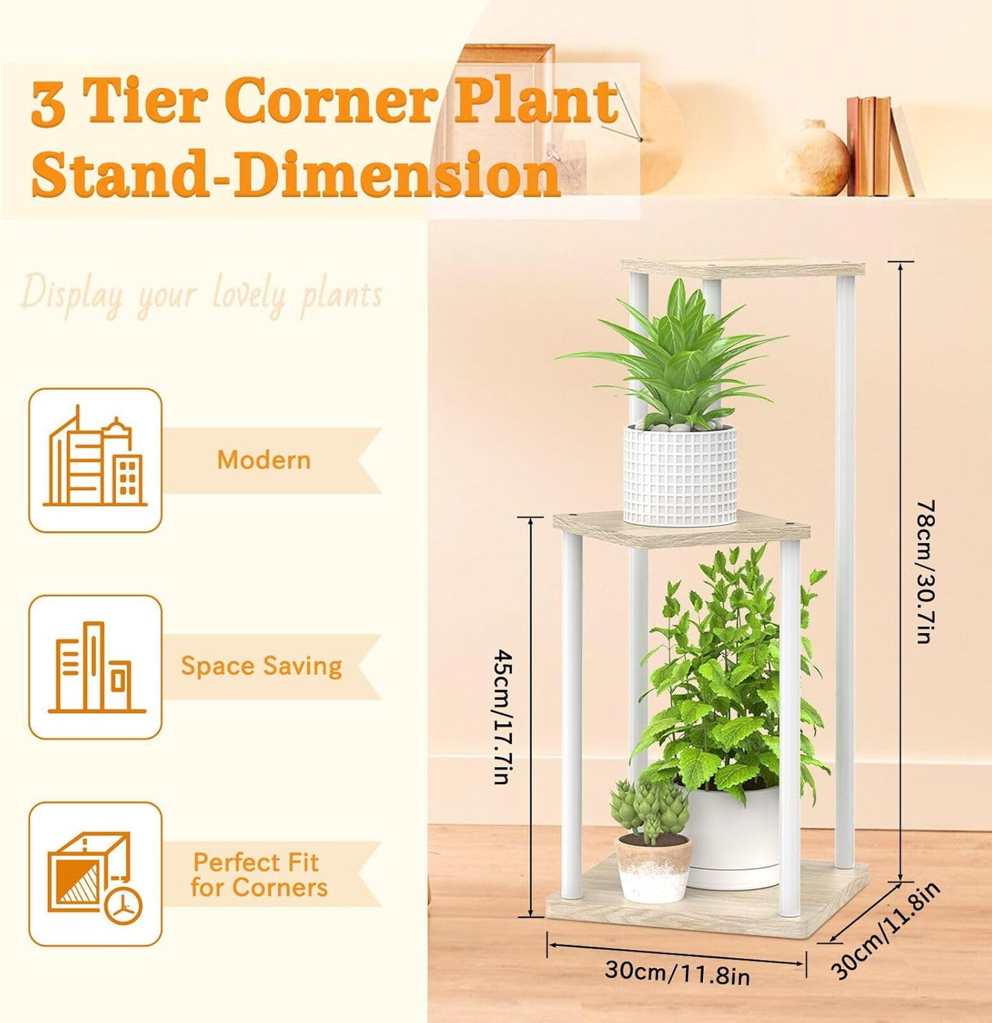 3 Tier Plant Stand Indoor Outdoor, Metal Wood Tiered Corner Plant Stands Pot Holder, Wood Flower Shelf Orchid Display Rack for Living Room Bedroom Balcony Garden Patio, Modern White