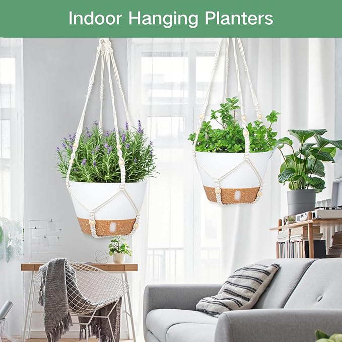 QCQHDU 2 Pack Hanging Planters for Indoor Plants, Outdoor Hanging Baskets, Self Watering Pots with Drainage Holes & Removable Tray (Dark Grey, 10 inch, Macrame Hanger)