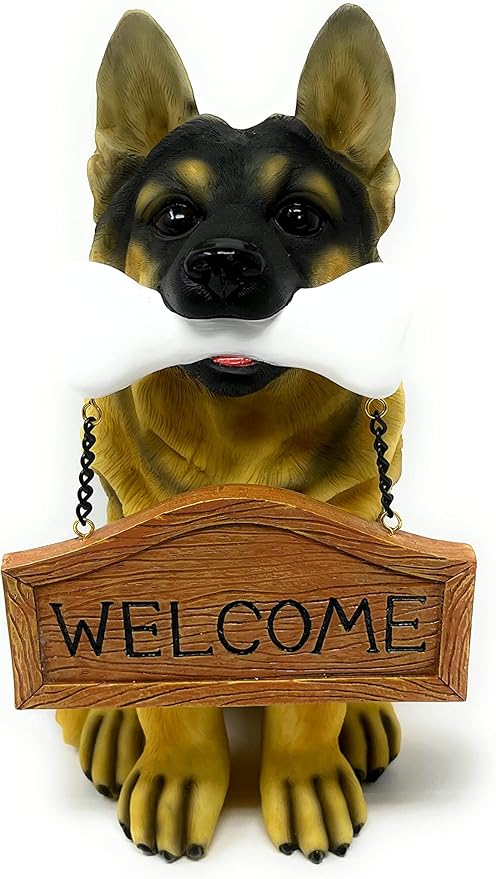 Nature's Mark German Sheperd Dog Puppy Statue with Reversible Welcome Sign and Go Away Sign Resin Garden Decor 12" H