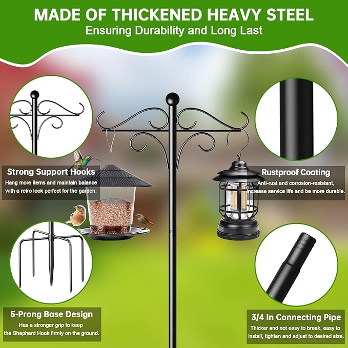 Shepherds Hooks for Outdoor, 2 Pack 108 Inch Heavy Duty Bird Feeder Pole with 5 Prongs Base, Adjustable Shepherds Hook for Hanging Birdhouses, Lanterns, Plant Baskets, Wind Chimes