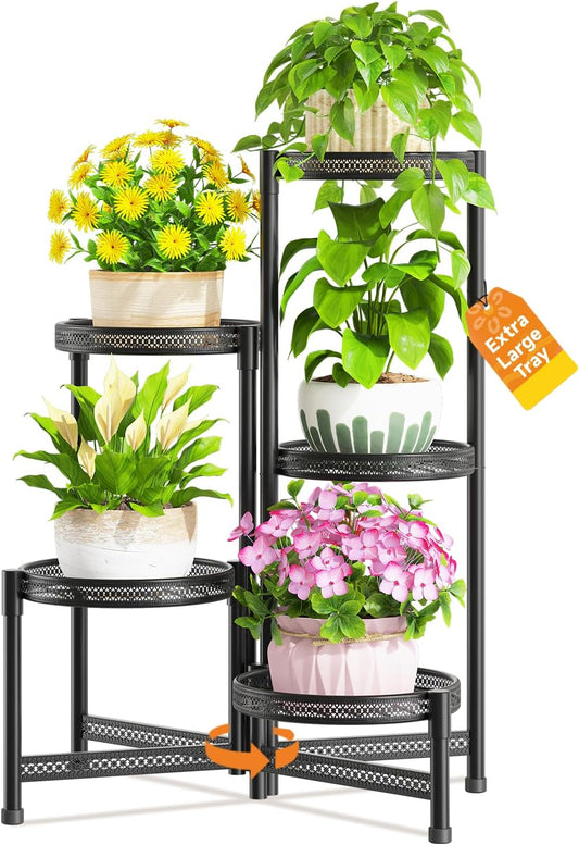 LASZOLA 5 Tiered Folding Tall Plant Stand for Indoor Outdoor Corner, Larger Heavy Duty Metal Adjustable Multiple Rack with 10 Inch Wide Hollow Tray, Flower Planter Holder for Modern House Patio, Black