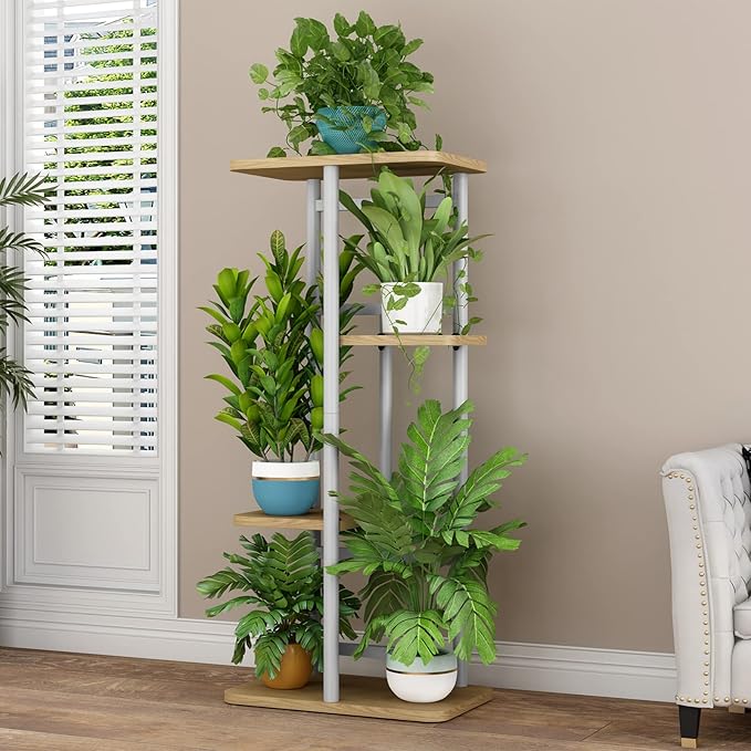 LINZINAR Plant Stand 4 Tier 5 Potted Indoor Plant Shelf Multiple Stands for Garden Corner Balcony Living Room (4 Tier 5 Potted, White)