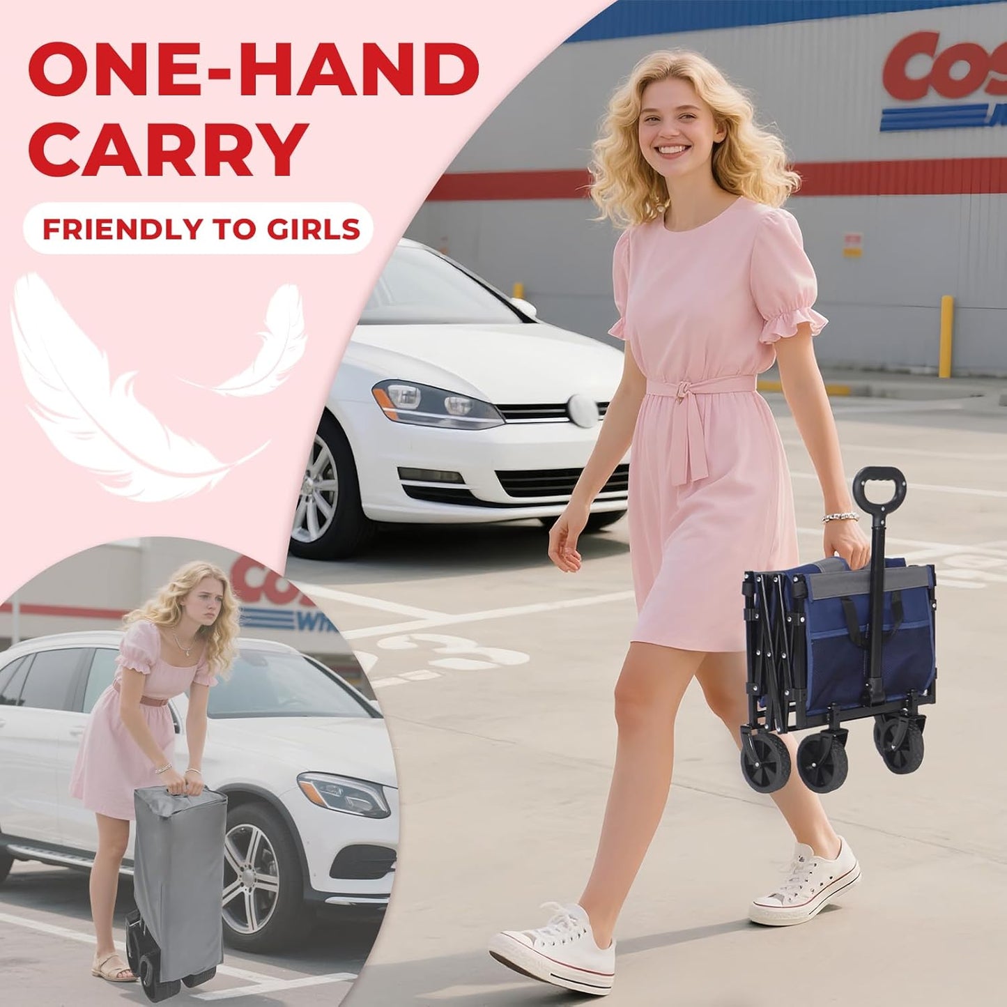 Collapsible Wagon Cart with Wheels Foldable,11 Lbs Lightweight Portable Folding Utility Wagon,90 L Heavy Duty Grocery Shopping Carts,Versatile for Garden Sports Camping Outdoor Use (Navy Gray)