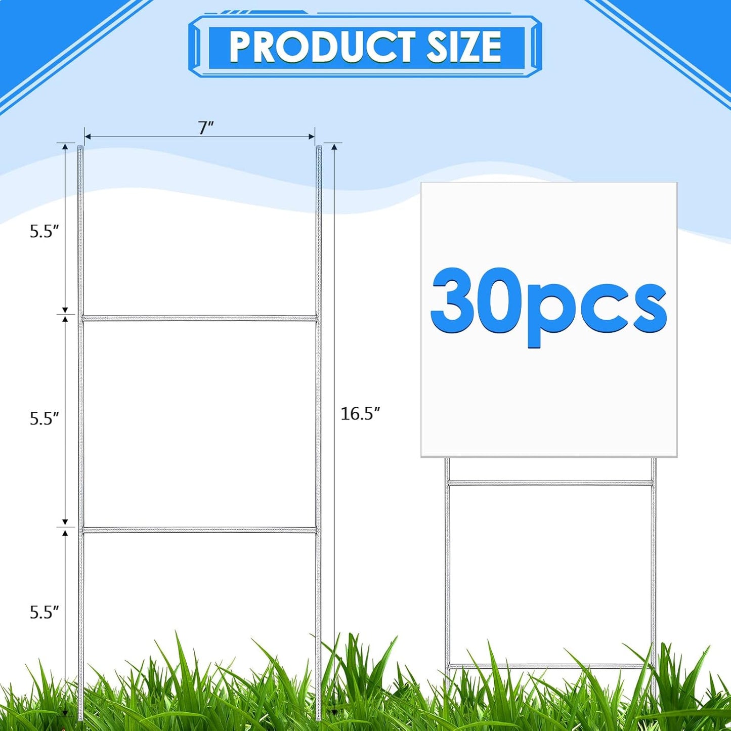 30 Pcs H Stakes for Yard Signs 16.5'' x 7'' Heavy Duty Metal H Frame Wire Stakes Weatherproof Metal Holder for 4mm 5mm Corrugated Signs Guidepost Yard Halloween Decoration