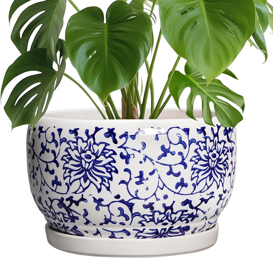 SQOWL Ceramic Pots for Plants - 10 Inch Ceramic Flower Pots with Drainage Hole and Saucer, Round Large Planter Indoor, Decorative Porcelain Planter Outdoor, Home Decor, Birthday Gifts, Blue and White