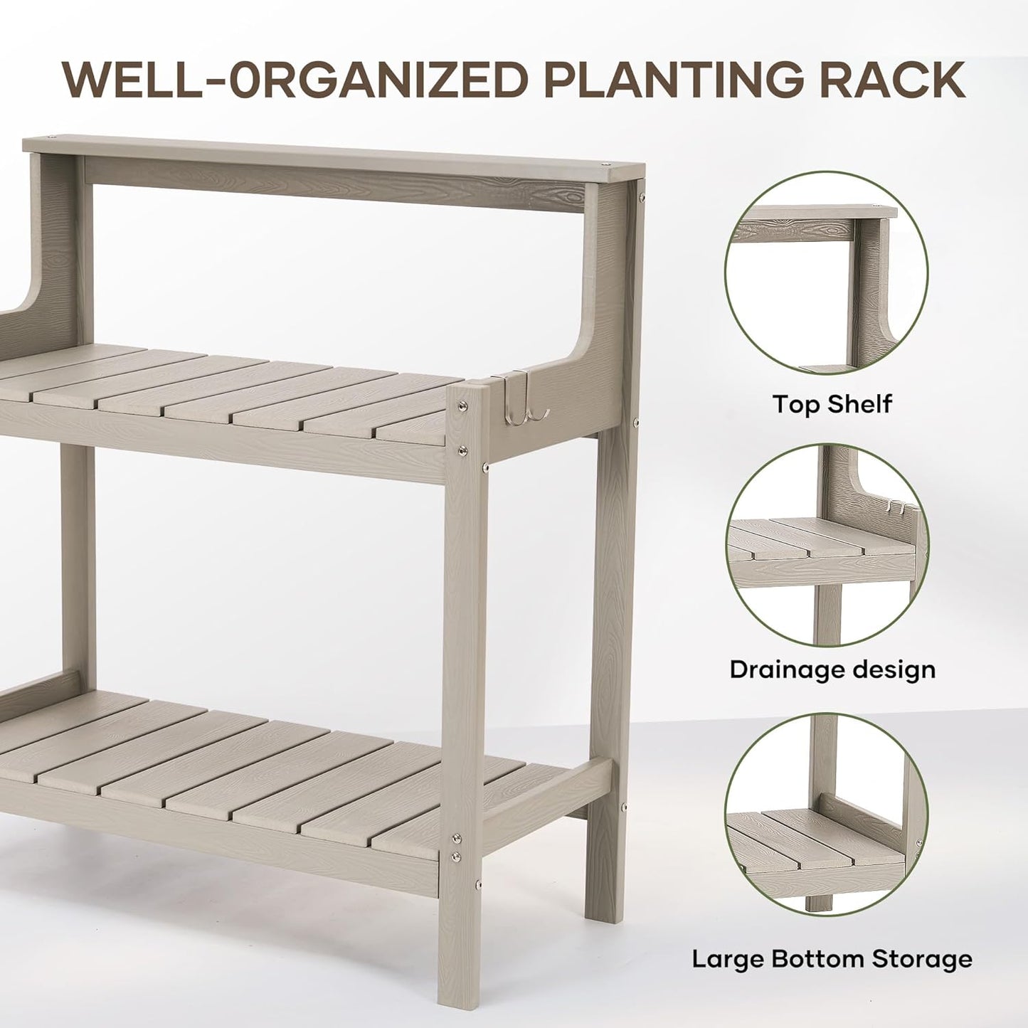 Potting Bench Outdoor Potting Table with 4 Side Hooks All-Weather Potters Benches HDPS Gardening Table Work Station Outdoor Potting Bench for Garden Porch Grey