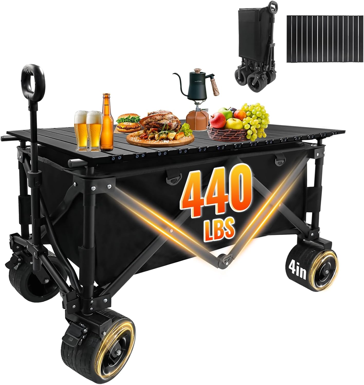 Collapsible Foldable Wagon Cart with Big Wheels and Tabletop, Large Capacity 440Lbs Folding Utility Wagon Carts for Sand, Beach, Camping, Shopping, Sport (Black)